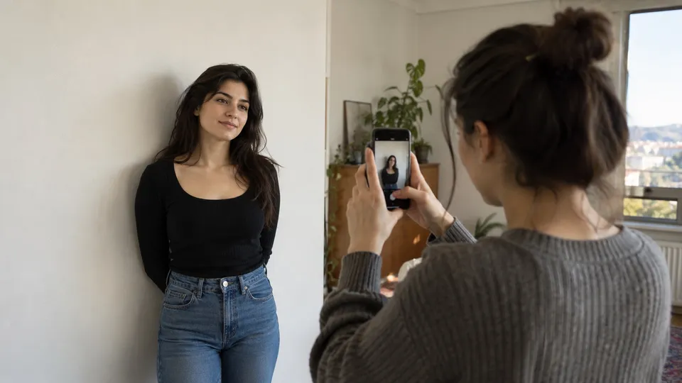 Oyuncu başvurusu için açık renk duvar önünde telefonla portre fotoğrafı çekiliyor