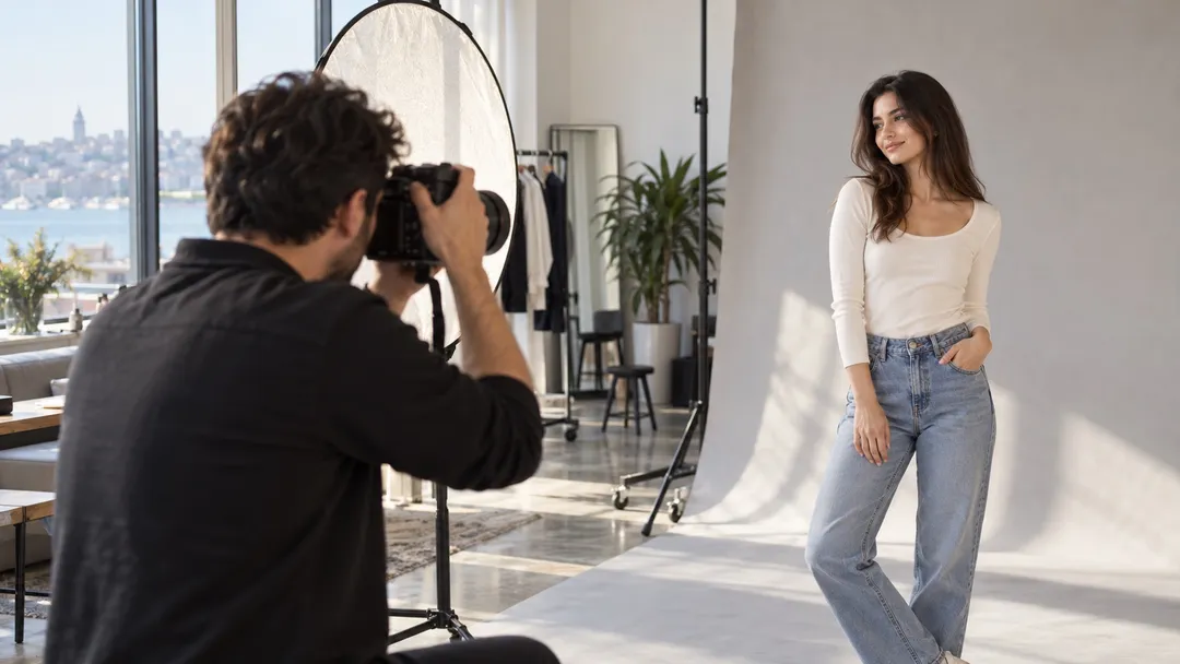Cast ajansı stüdyosunda fotoğrafçıya poz veren kadın model.